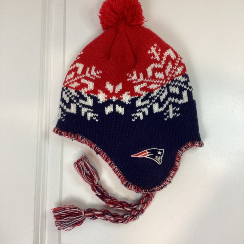 New England Patriots NFL Knit Earflap Beanie Snowflake Pom Hat Navy Red Tassels